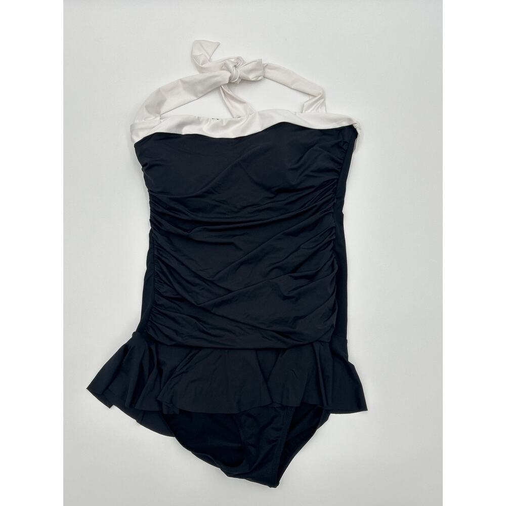 Lauren Ralph Lauren Black White Halter One Piece Swimsuit Ruched Ruffle XXL/14